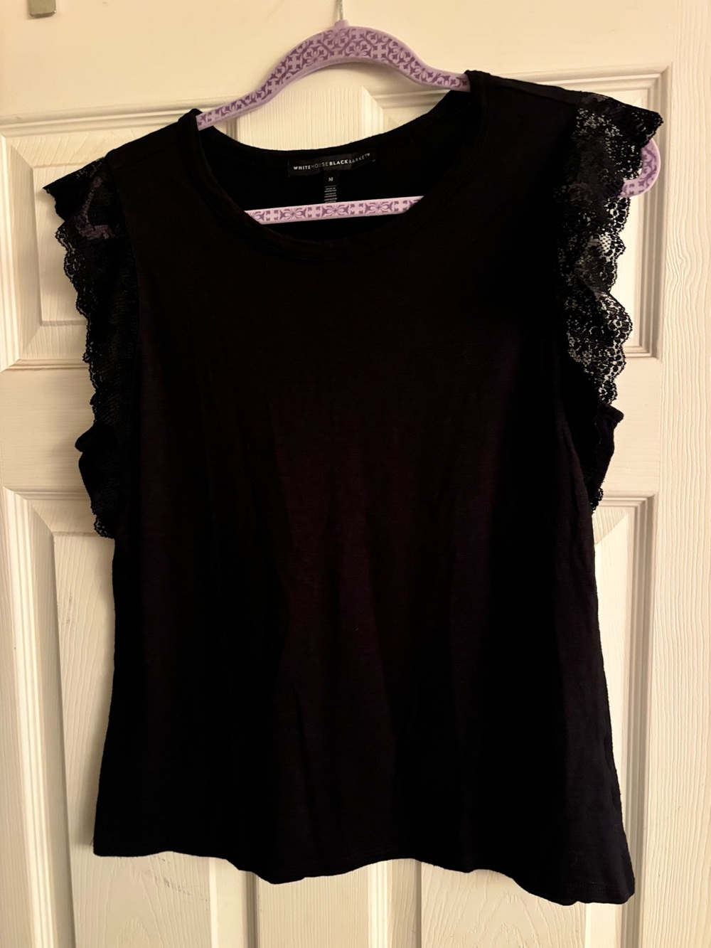 White House Black Market Black Lace Flutter Top, Size Medium, Like New